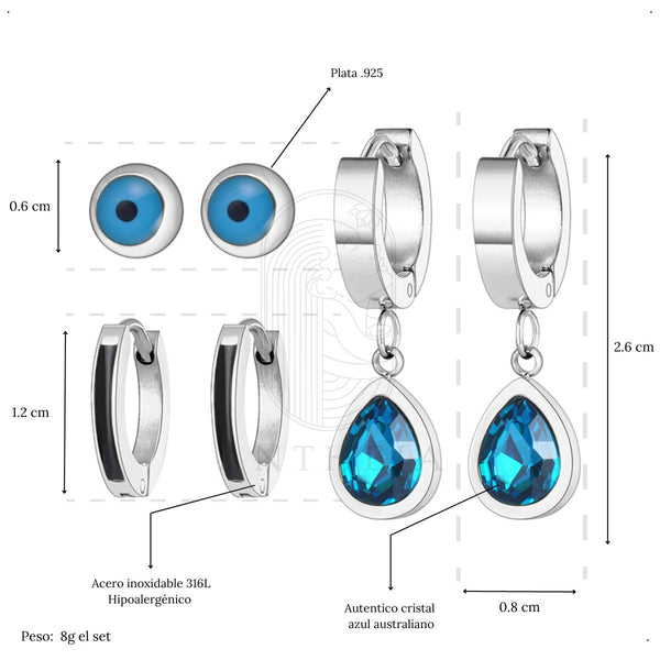 Set 3 pares aretes gota azul ojo turco