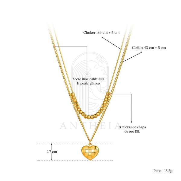 Collar doble bolitas corazón
